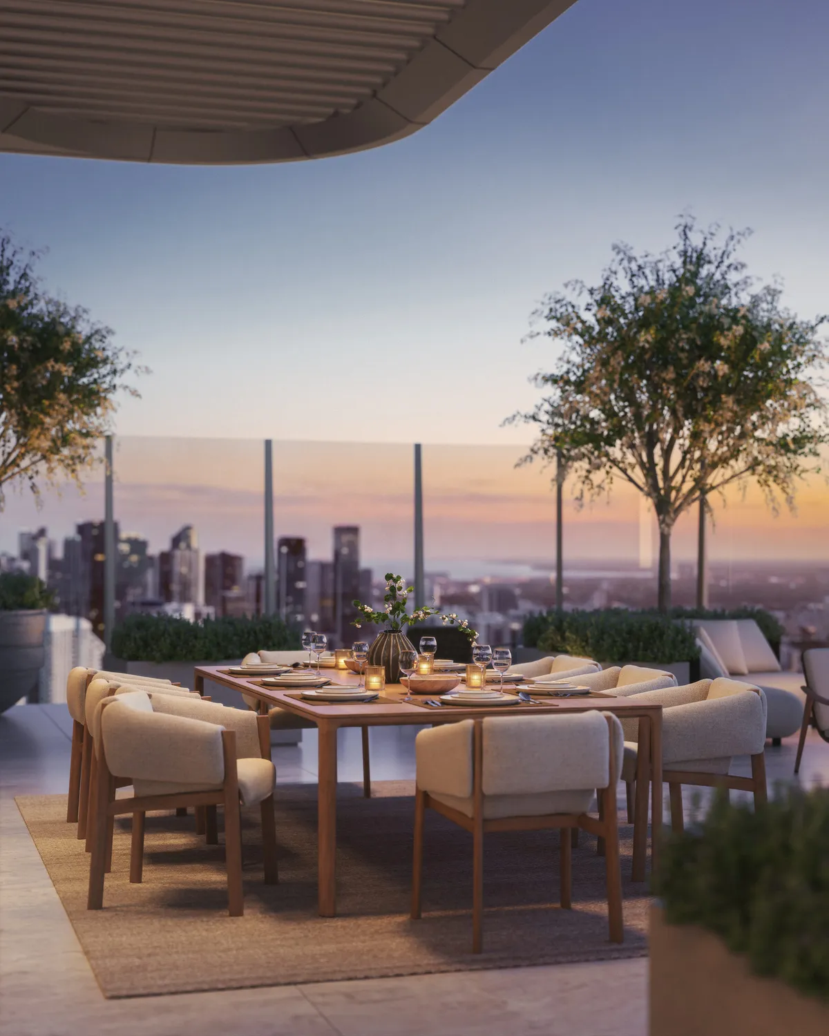 Rooftop dining terrace at Lilli, Edgewater, Miami. CGI by Darcstudio for OKO Group and Adrian Smith + Gordon Gill Architecture.