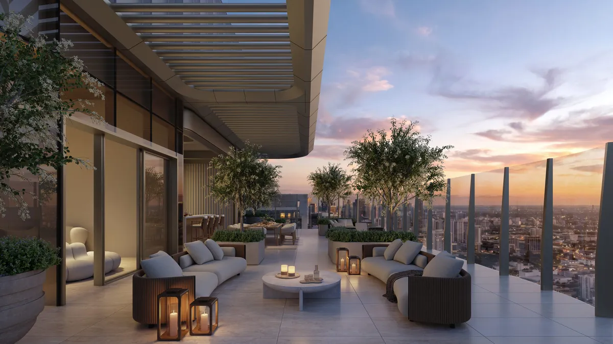 Rooftop lounge at sunset at Lilli, Edgewater, Miami. CGI by Darcstudio for OKO Group and Adrian Smith + Gordon Gill Architecture.