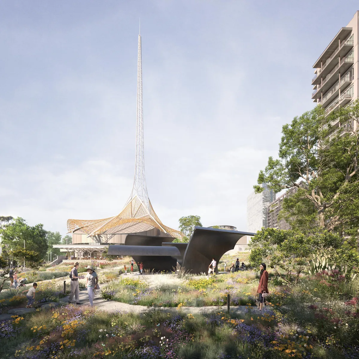 Laak boorndap garden arts centre spire at Melbourne Arts Precinct, Southbank, Melbourne. CGI by Darcstudio for MAPCO, Angelo Candalepas and Associates and Hassell.
