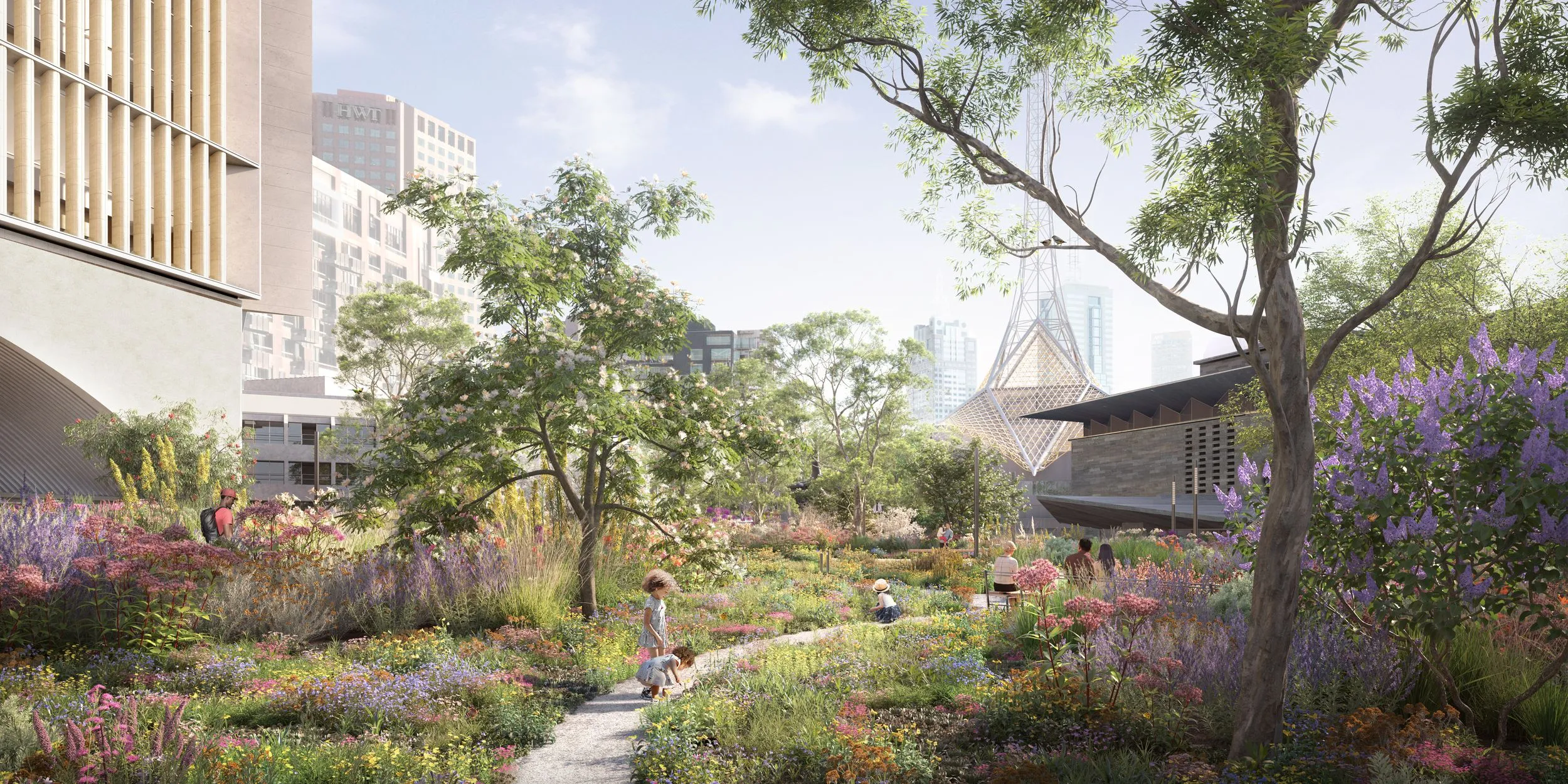 Laak boorndap garden path at Melbourne Arts Precinct, Southbank, Melbourne. CGI by Darcstudio for MAPCO, Angelo Candalepas and Associates and Hassell.