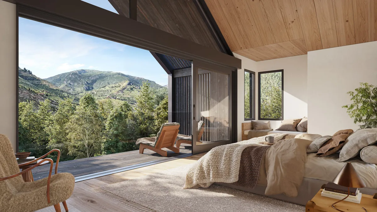 Bedroom mountain view at NØMA, Vail, Colorado. CGI by Darcstudio for Alura Development.