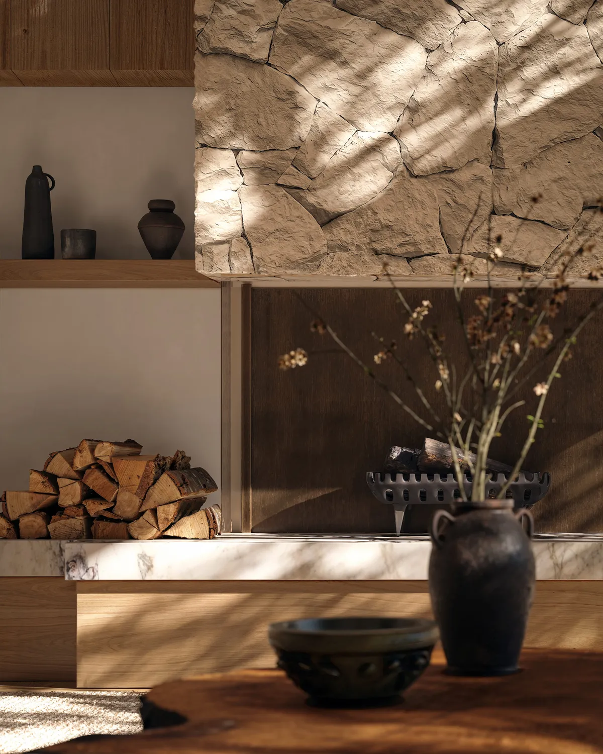 Fireplace detail at NØMA, Vail, Colorado. CGI by Darcstudio for Alura Development.