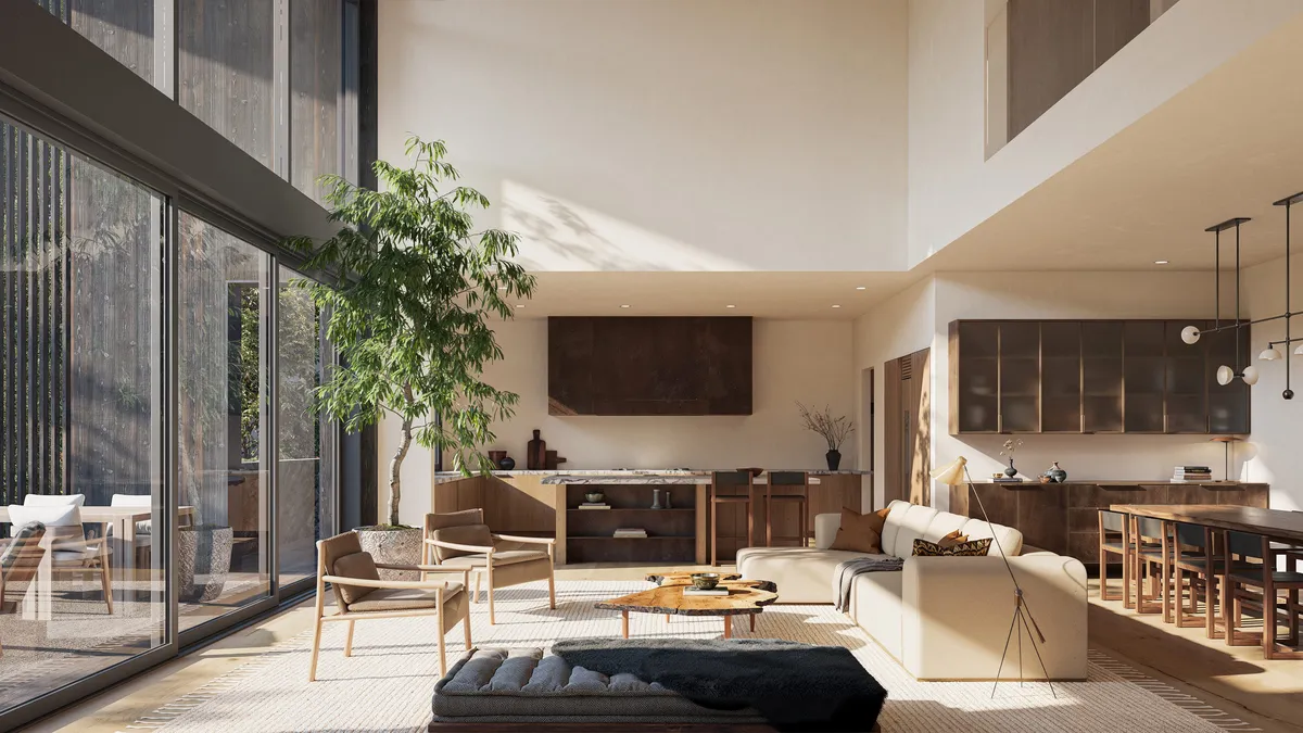 Living dining at NØMA, Vail, Colorado. CGI by Darcstudio for Alura Development.