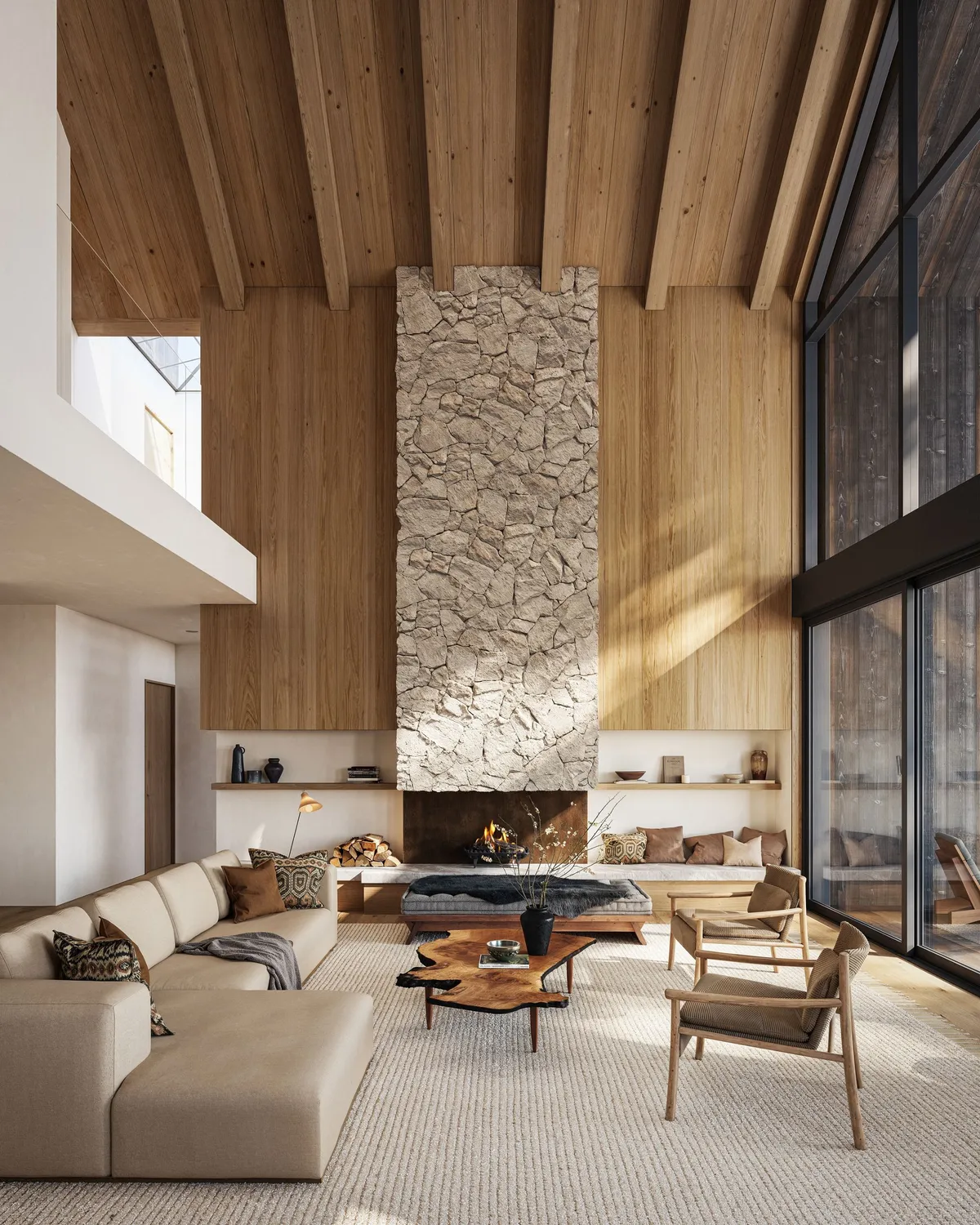 Living room fireplace at NØMA, Vail, Colorado. CGI by Darcstudio for Alura Development.