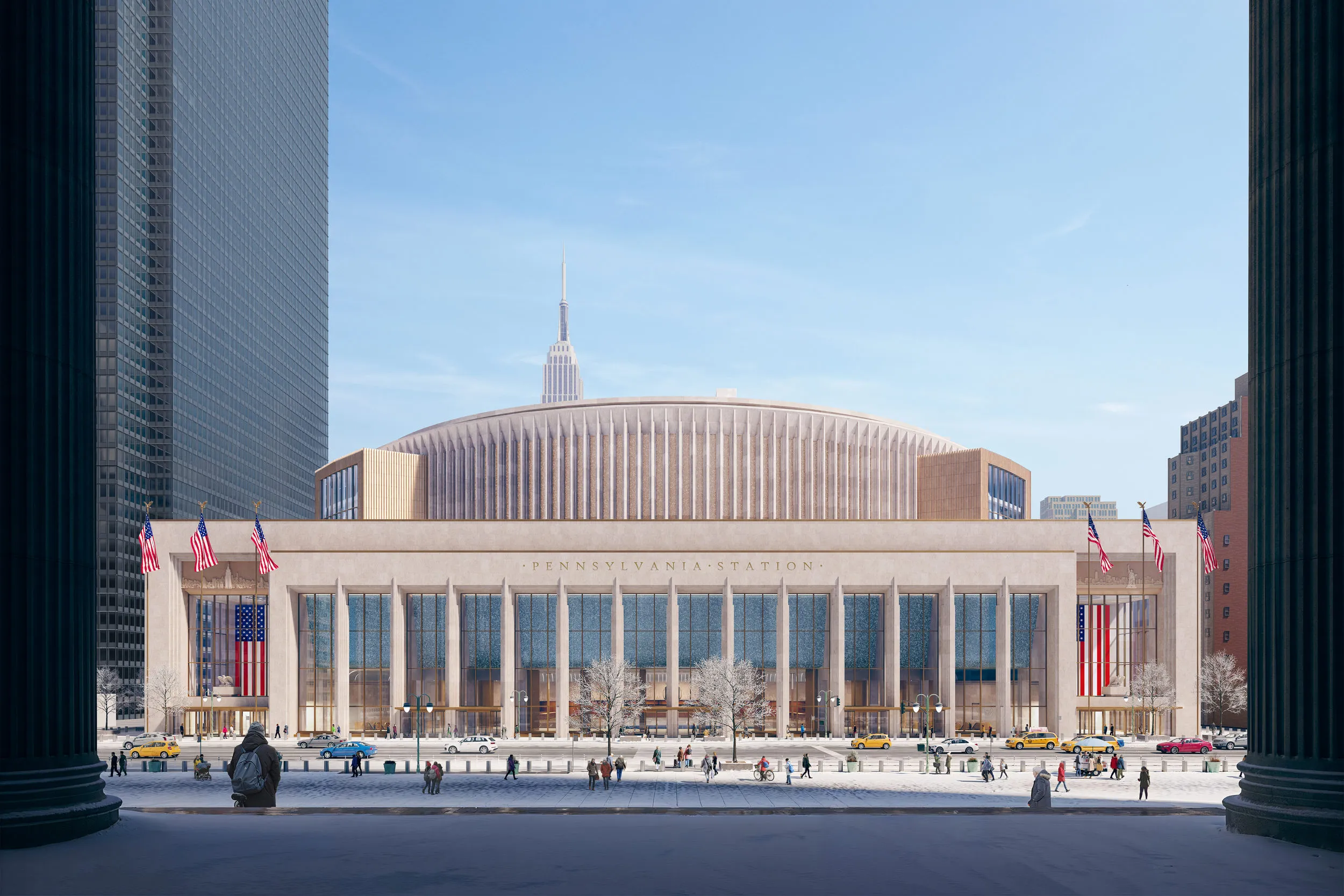 Eighth avenue facade day at Penn Station, New York. CGI by Darcstudio for PAU and HOK.