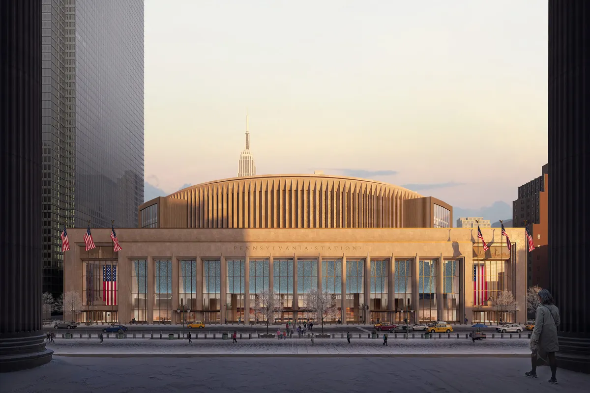 Eighth avenue facade evening at Penn Station, New York. CGI by Darcstudio for PAU and HOK.
