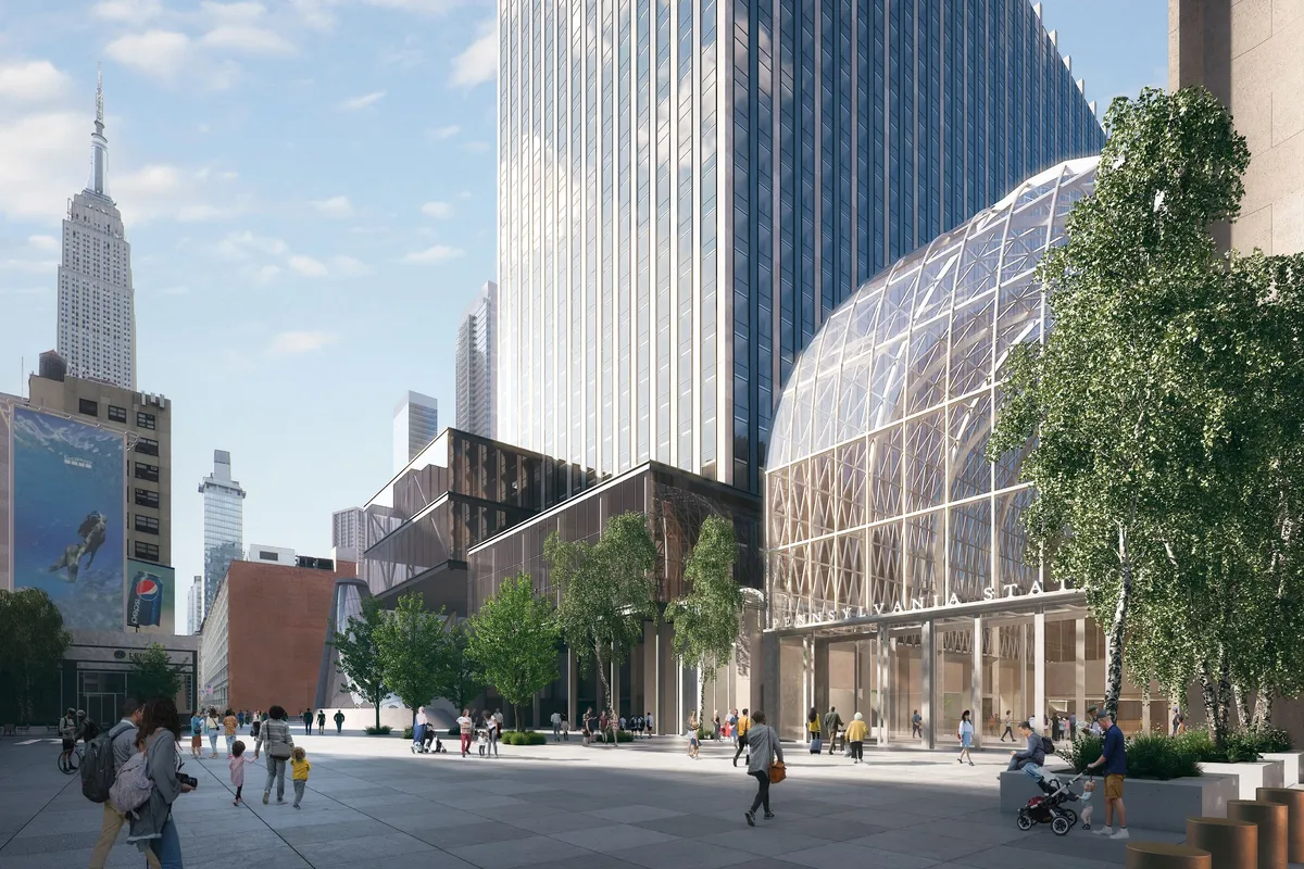 Glass pavilion at Penn Station, New York. CGI by Darcstudio for PAU and HOK.