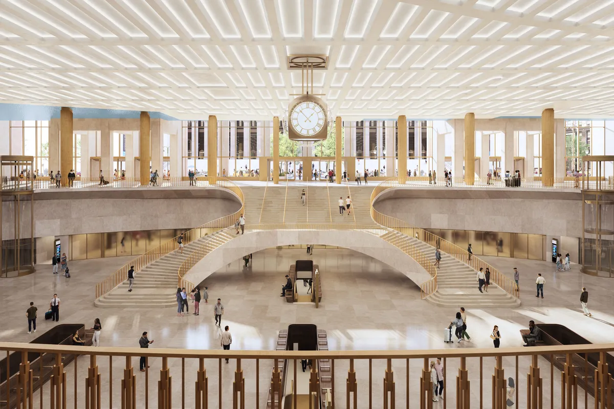 Main hall clock at Penn Station, New York. CGI by Darcstudio for PAU and HOK.