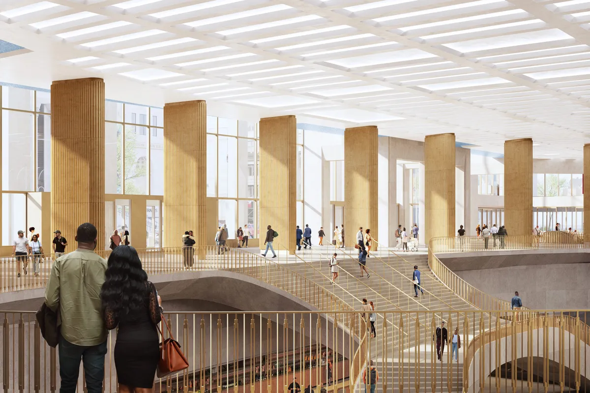 Main hall from mezzanine at Penn Station, New York. CGI by Darcstudio for PAU and HOK.