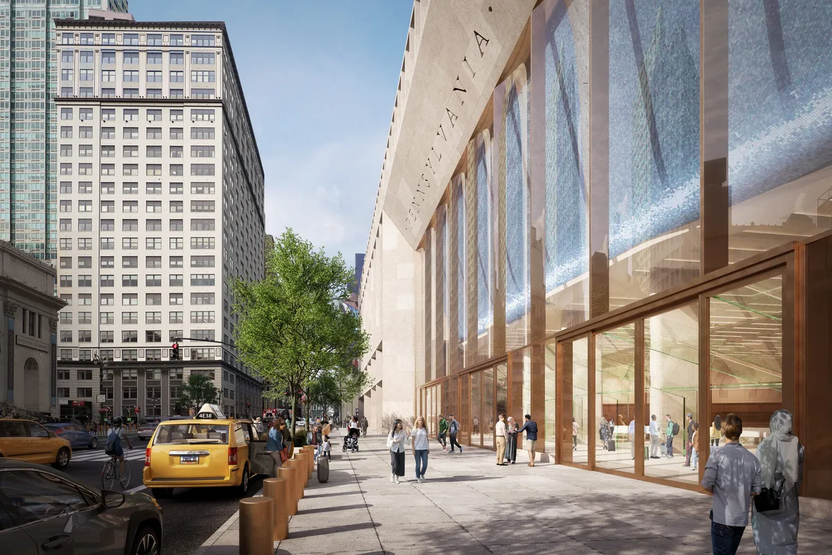 Street entrance at Penn Station, New York. CGI by Darcstudio for PAU and HOK.