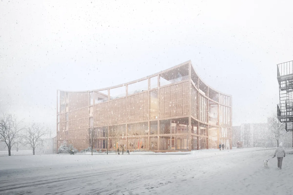Exterior in winter snow at the Portland Museum of Art expansion, Portland, Maine. CGI by Darcstudio for Lever Architecture.