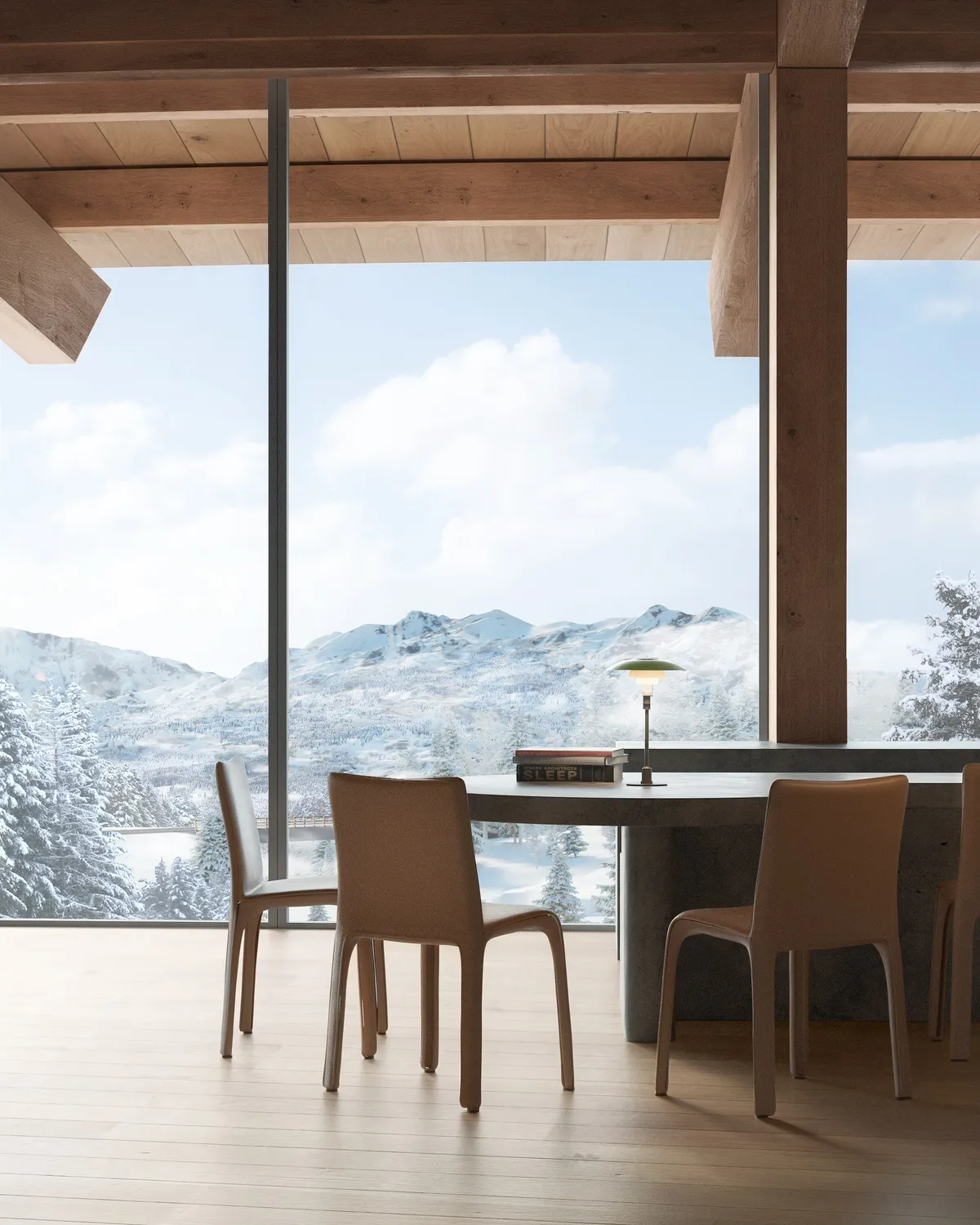 Dining with mountain views at Powder Haven, Eden, Utah. CGI by Darcstudio.