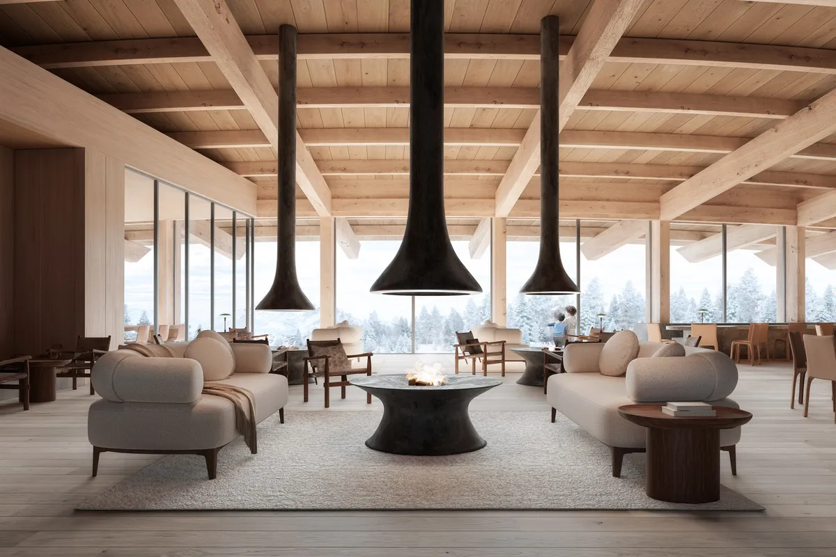 Lounge with fireplaces at Powder Haven, Eden, Utah. CGI by Darcstudio.
