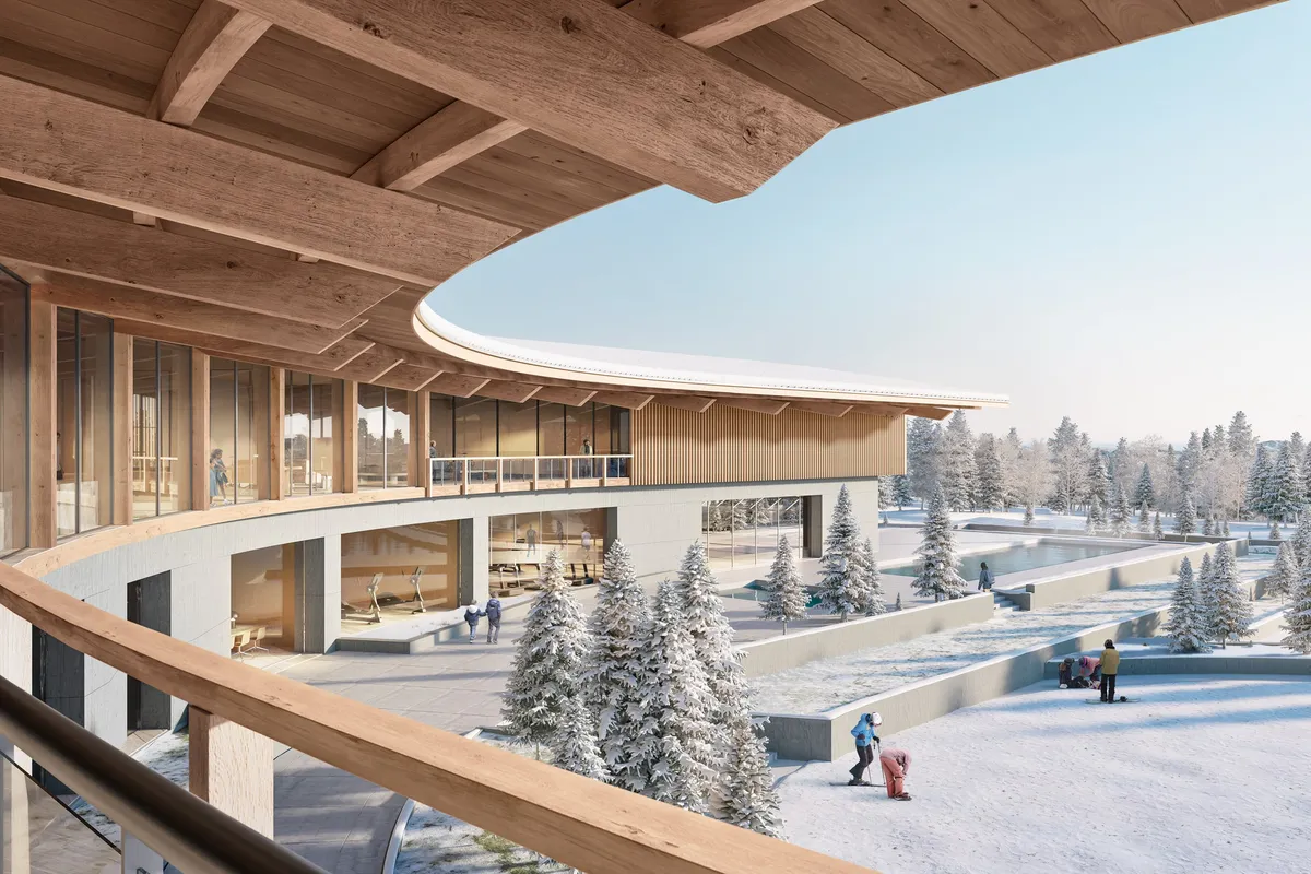 Terrace overlooking the ski slopes at Powder Haven, Eden, Utah. CGI by Darcstudio.