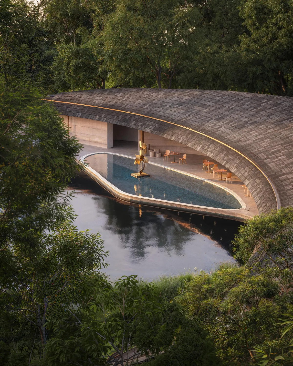 Aerial courtyard at Reflection Gallery, a private art gallery. CGI by Darcstudio for Desai Chia Architecture.