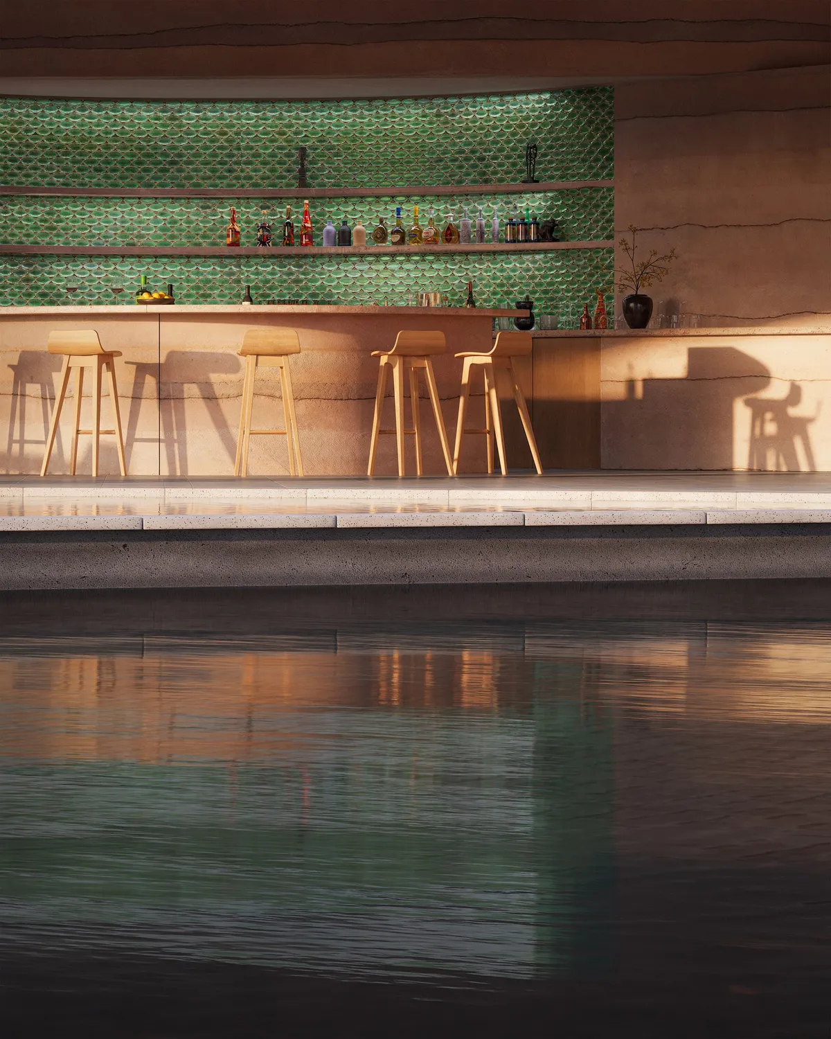 Bar detail at Reflection Gallery, a private art gallery. CGI by Darcstudio for Desai Chia Architecture.