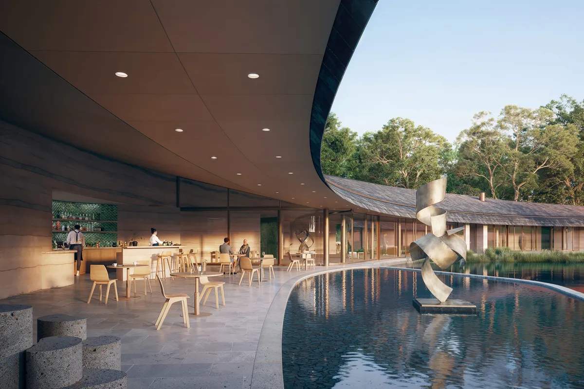 Courtyard cafe reflecting pool at Reflection Gallery, a private art gallery. CGI by Darcstudio for Desai Chia Architecture.