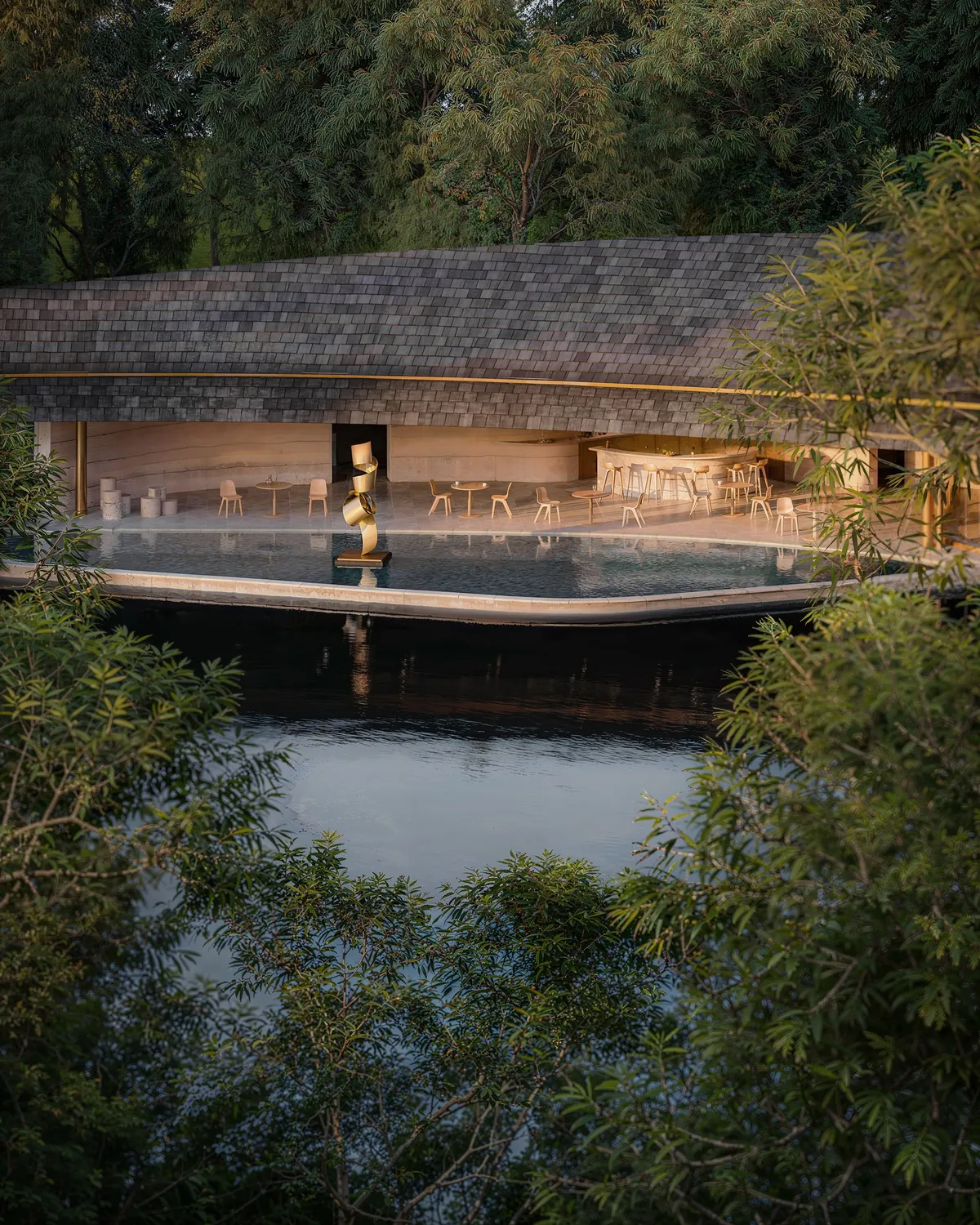 Pavilion across water at Reflection Gallery, a private art gallery. CGI by Darcstudio for Desai Chia Architecture.