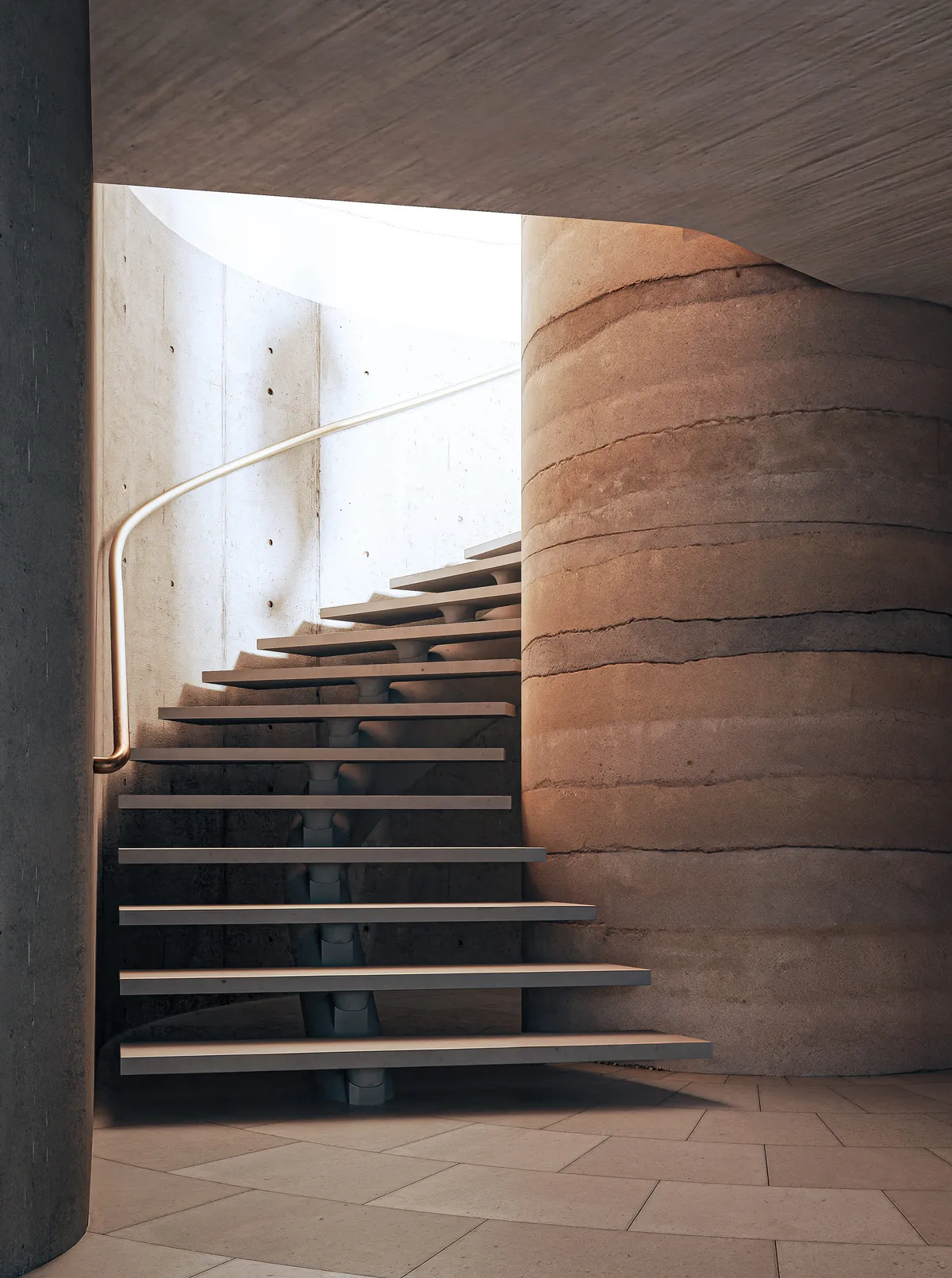 Stair at Reflection Gallery, a private art gallery. CGI by Darcstudio for Desai Chia Architecture.