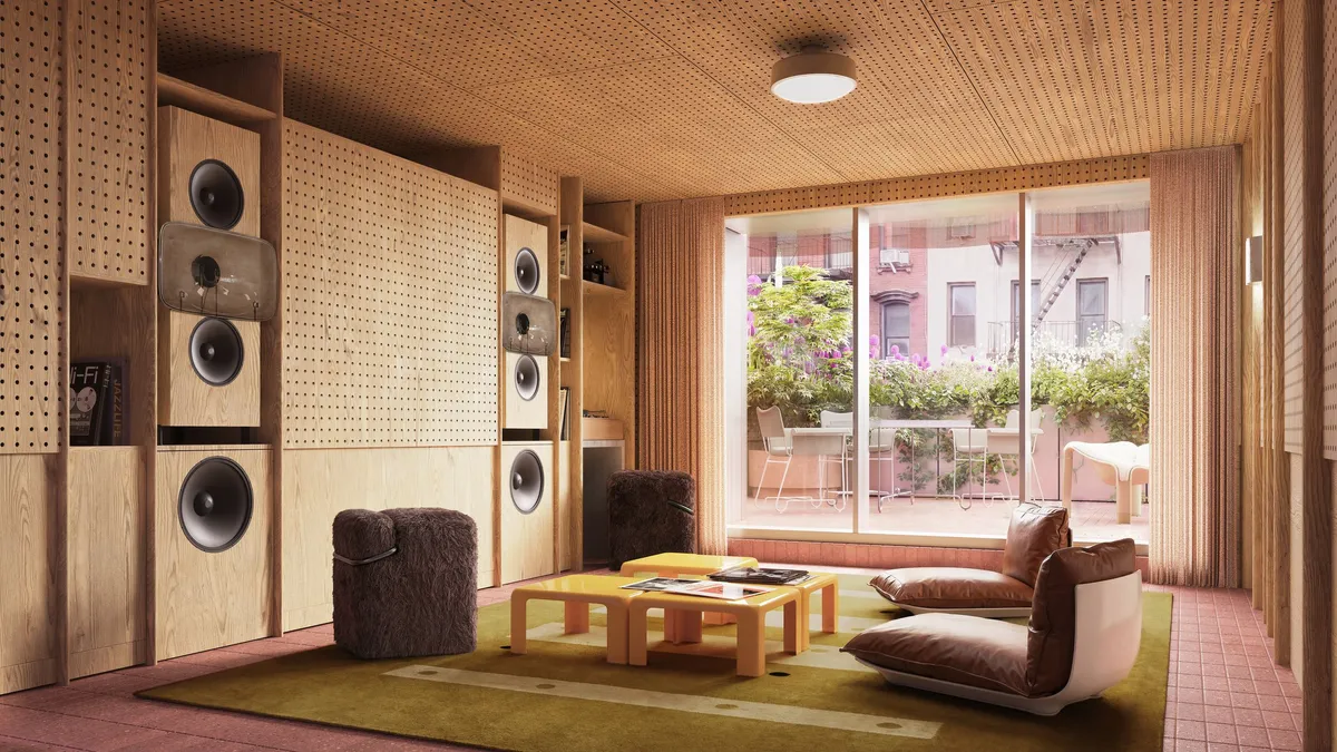 Listening studio at Stylus, Lower East Side, New York. CGI by Darcstudio for O’Neill Rose Architects.
