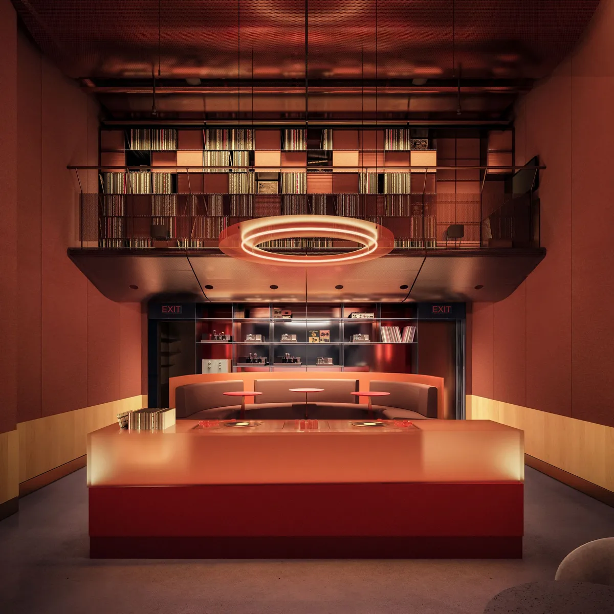 Record library bar at Stylus, Lower East Side, New York. CGI by Darcstudio for O’Neill Rose Architects.