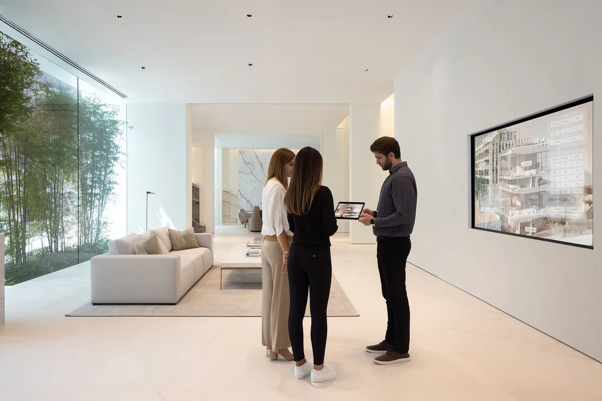 Buyers using the Tomorrowspace sales platform on a large touchscreen in the Boerum Place sales gallery.