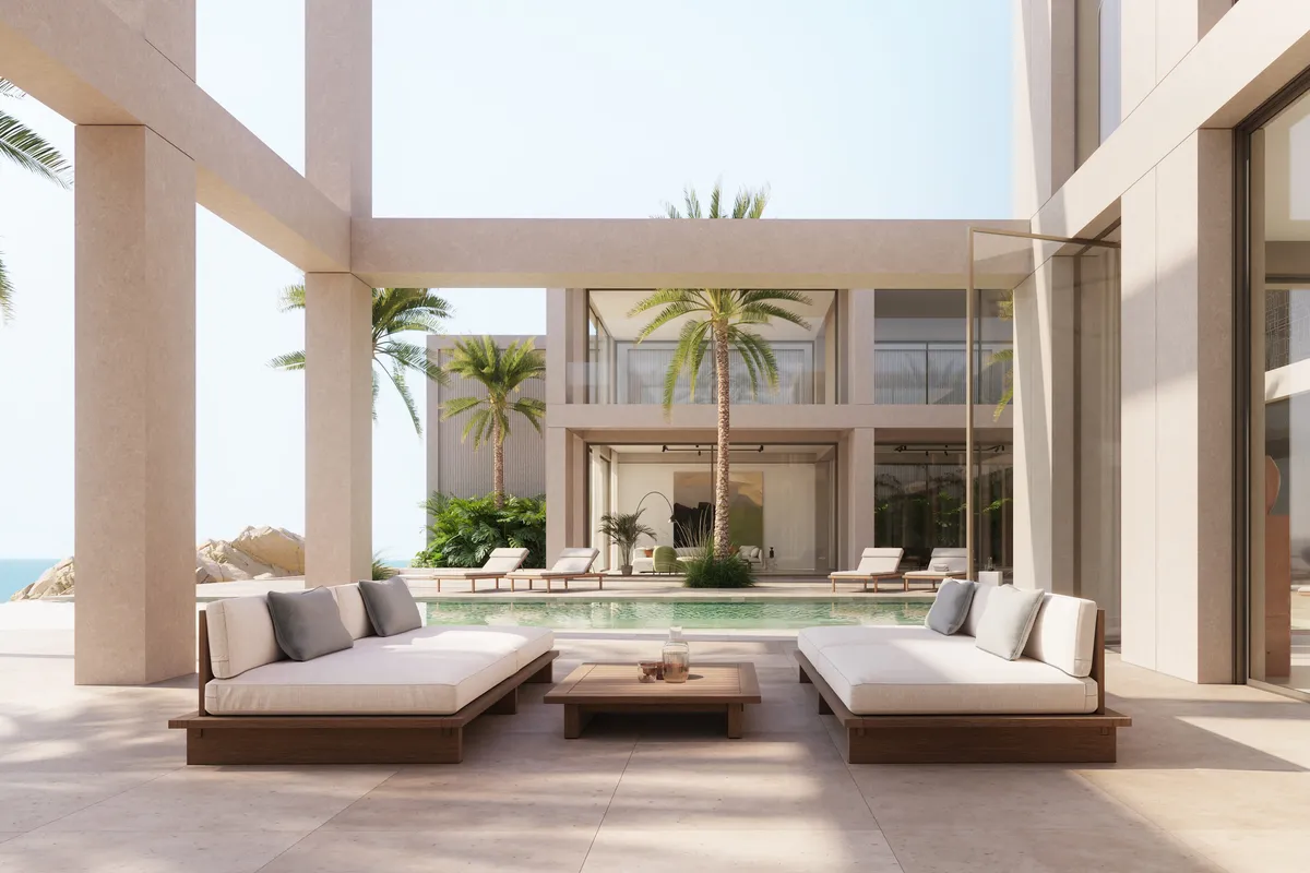 Courtyard lounge at Villa J, Palm Jumeirah, Dubai. CGI by Darcstudio for FAC Works.