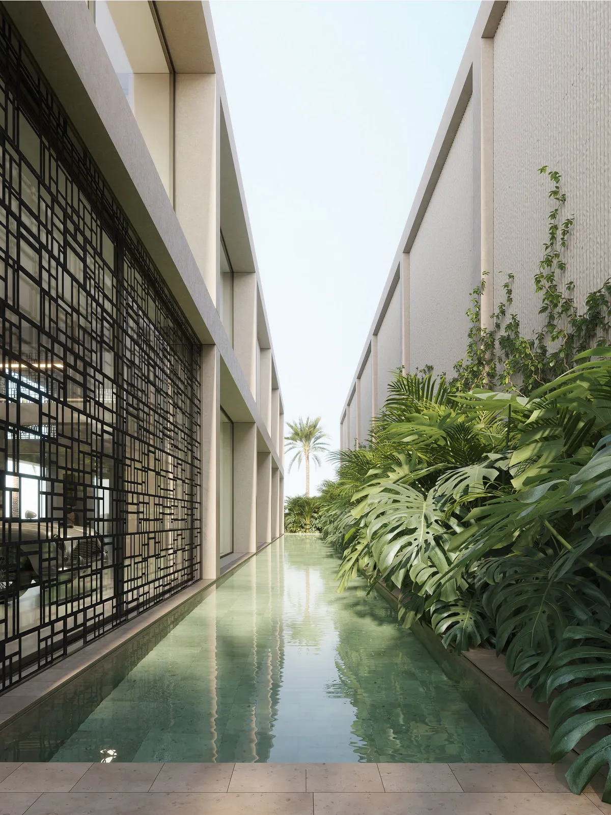 Lap pool courtyard at Villa J, Palm Jumeirah, Dubai. CGI by Darcstudio for FAC Works.