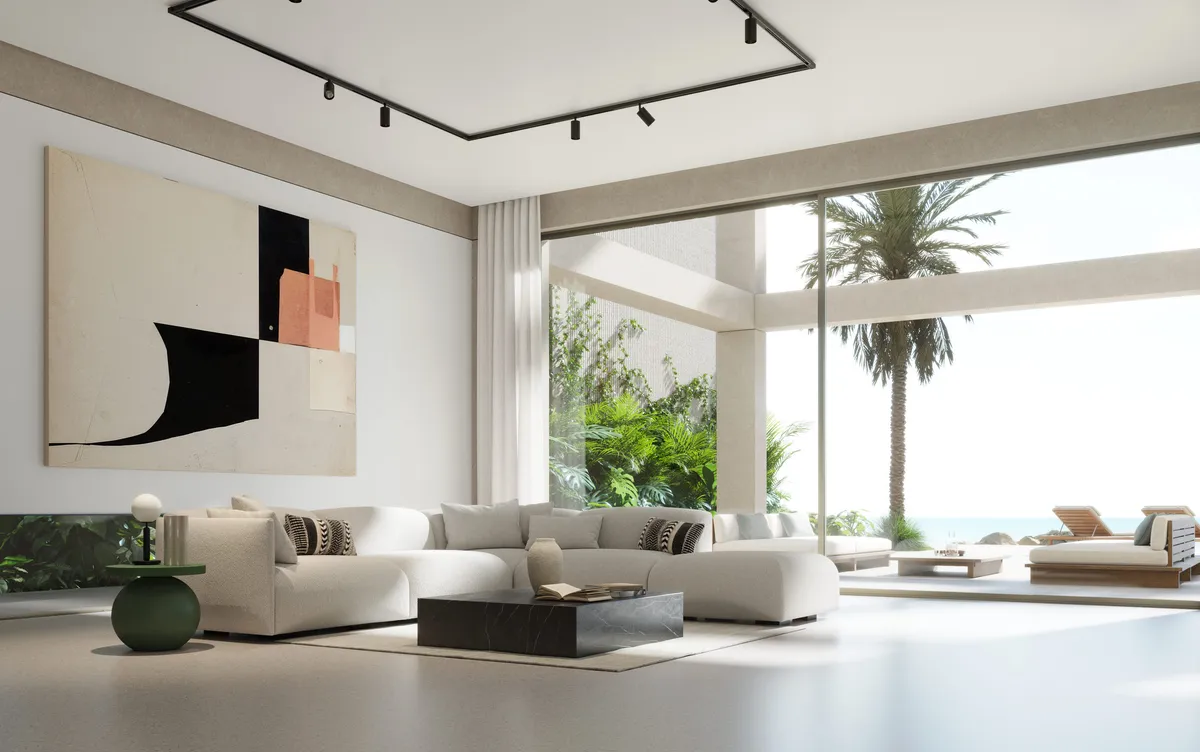Living room sea view at Villa J, Palm Jumeirah, Dubai. CGI by Darcstudio for FAC Works.