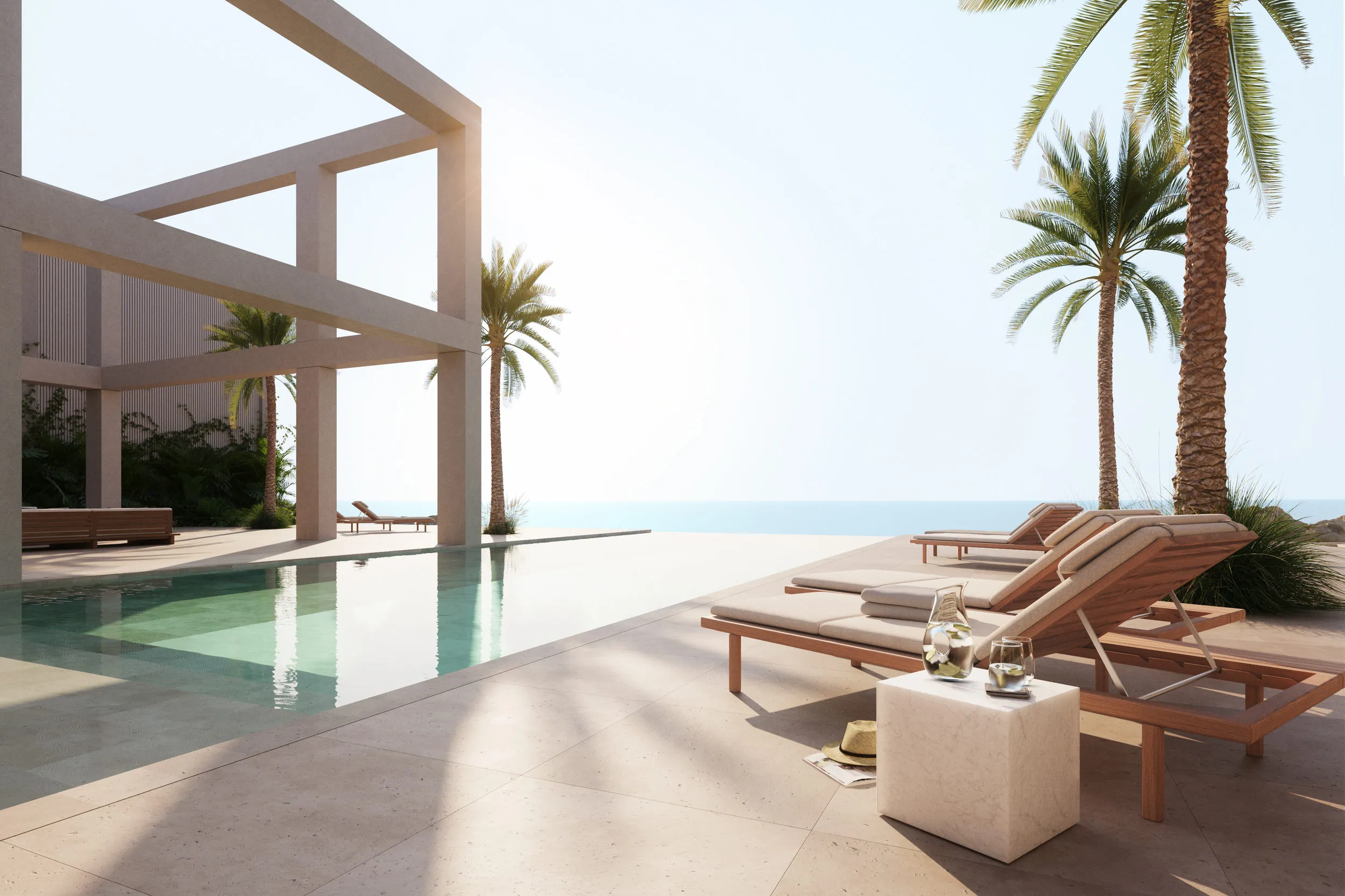 Pool terrace at Villa J, Palm Jumeirah, Dubai. CGI by Darcstudio for FAC Works.