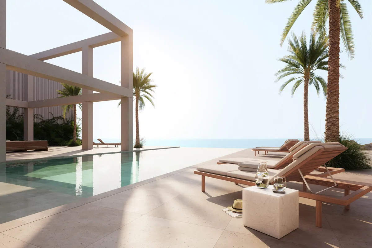 Pool terrace at Villa J, Palm Jumeirah, Dubai. CGI by Darcstudio for FAC Works.