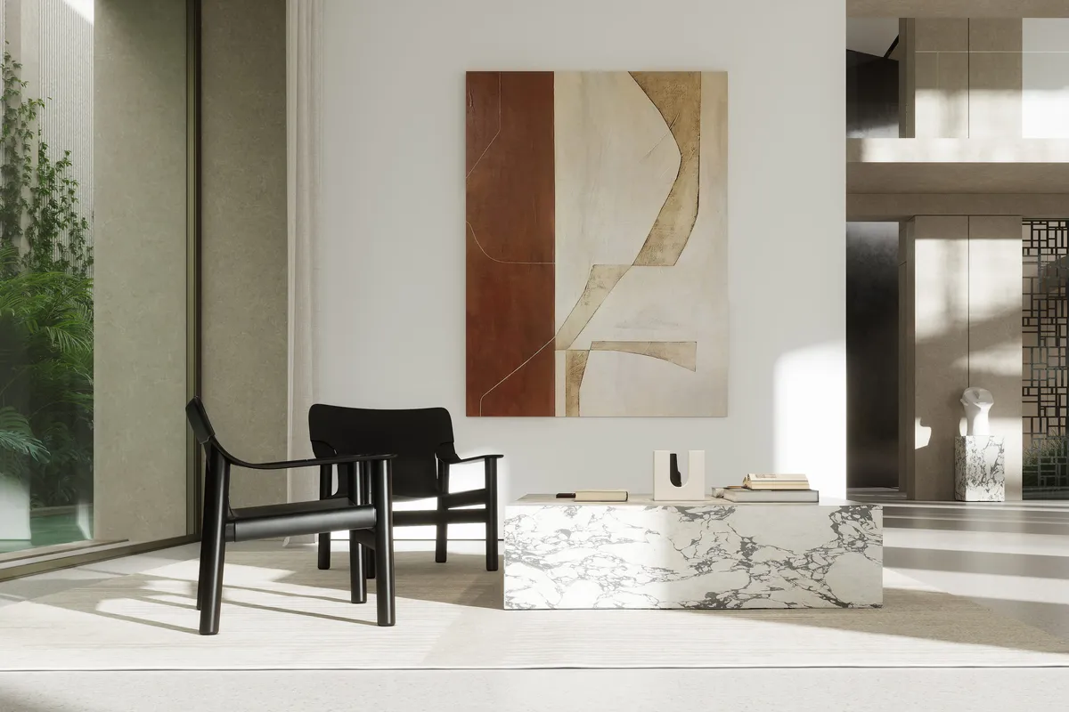 Sitting area at Villa J, Palm Jumeirah, Dubai. CGI by Darcstudio for FAC Works.