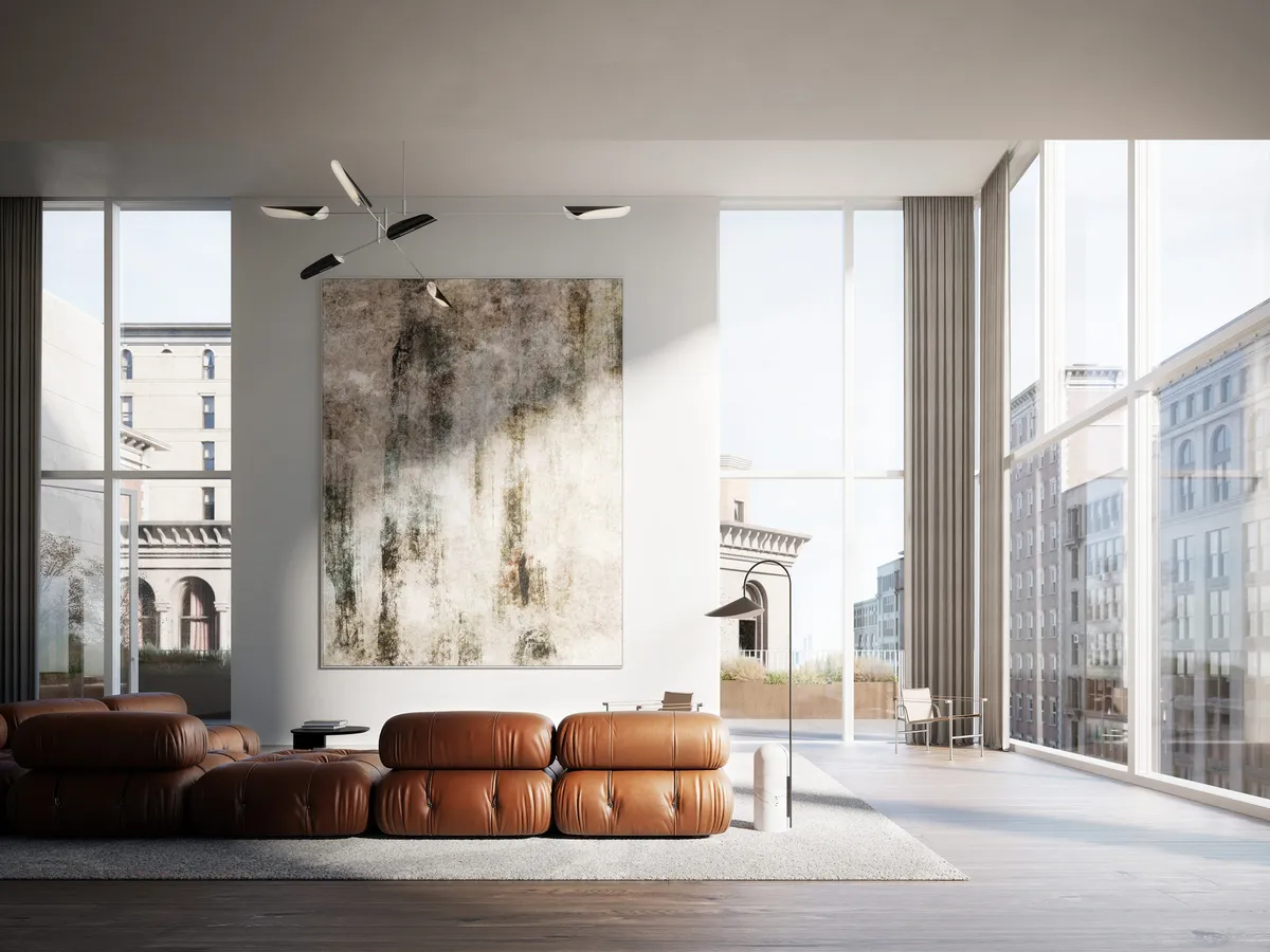 Living room at Waters Penthouse, New York. CGI by Darcstudio for FAC Works.