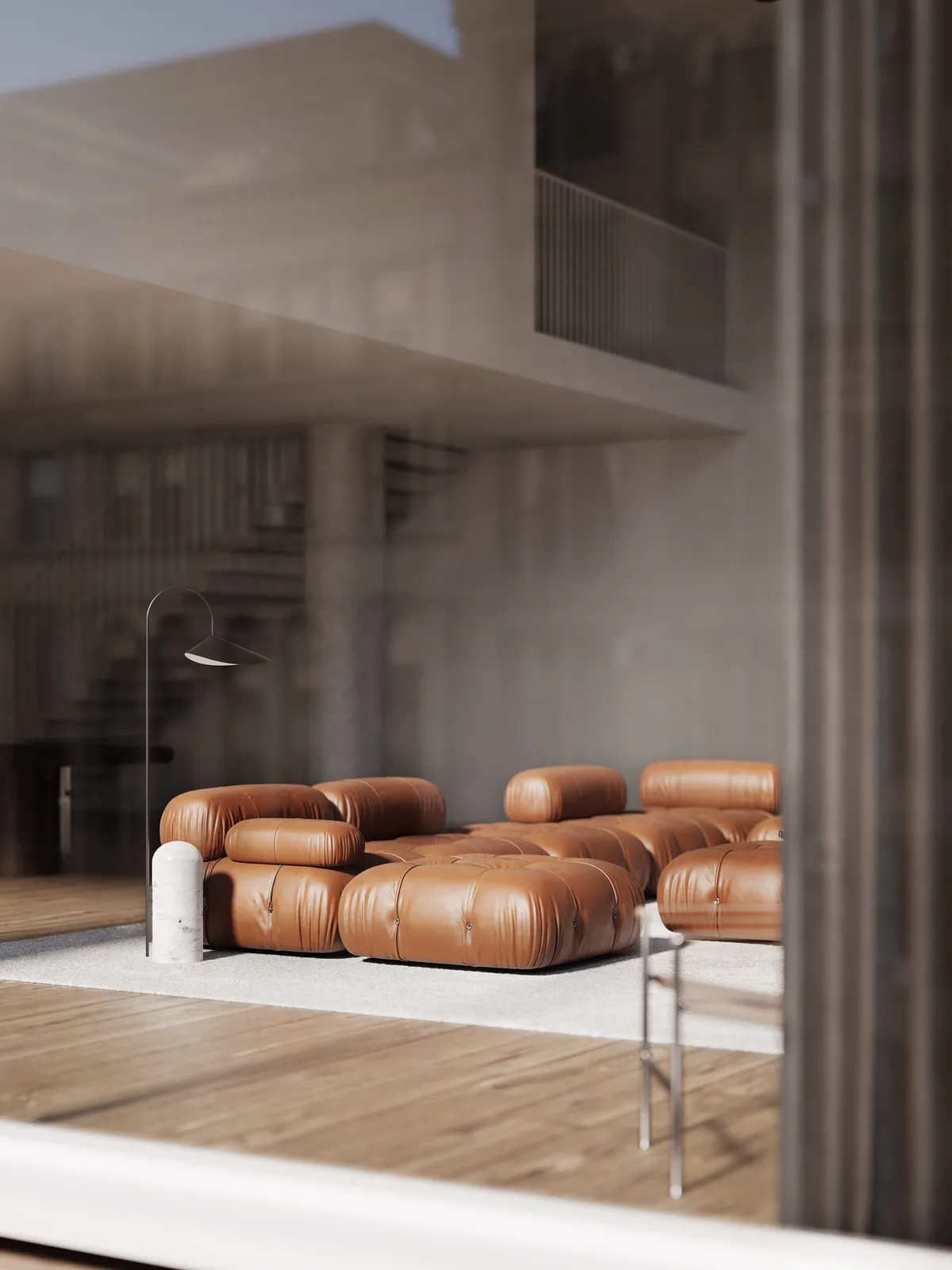 Living room through glass at Waters Penthouse, New York. CGI by Darcstudio for FAC Works.