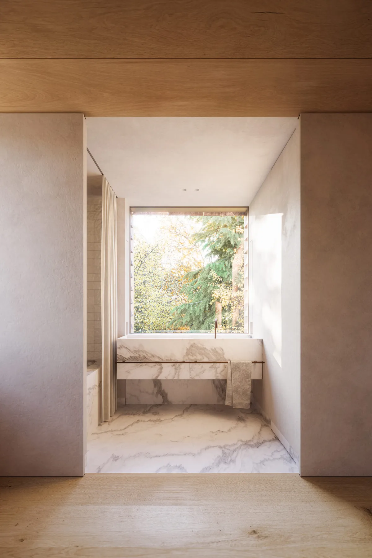Bathroom vanity at White Oak Residence, Wellesley, Massachusetts. CGI by Darcstudio for Of Possible.