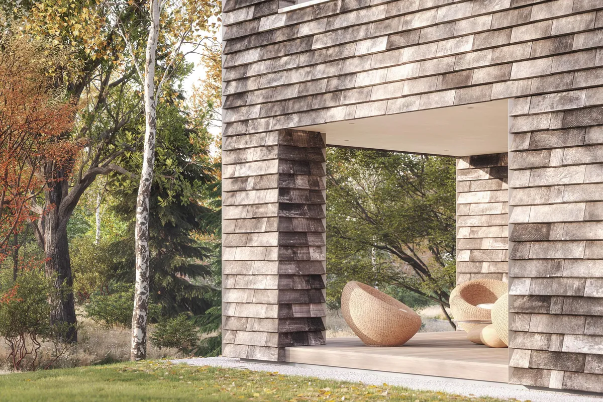 Covered terrace at White Oak Residence, Wellesley, Massachusetts. CGI by Darcstudio for Of Possible.