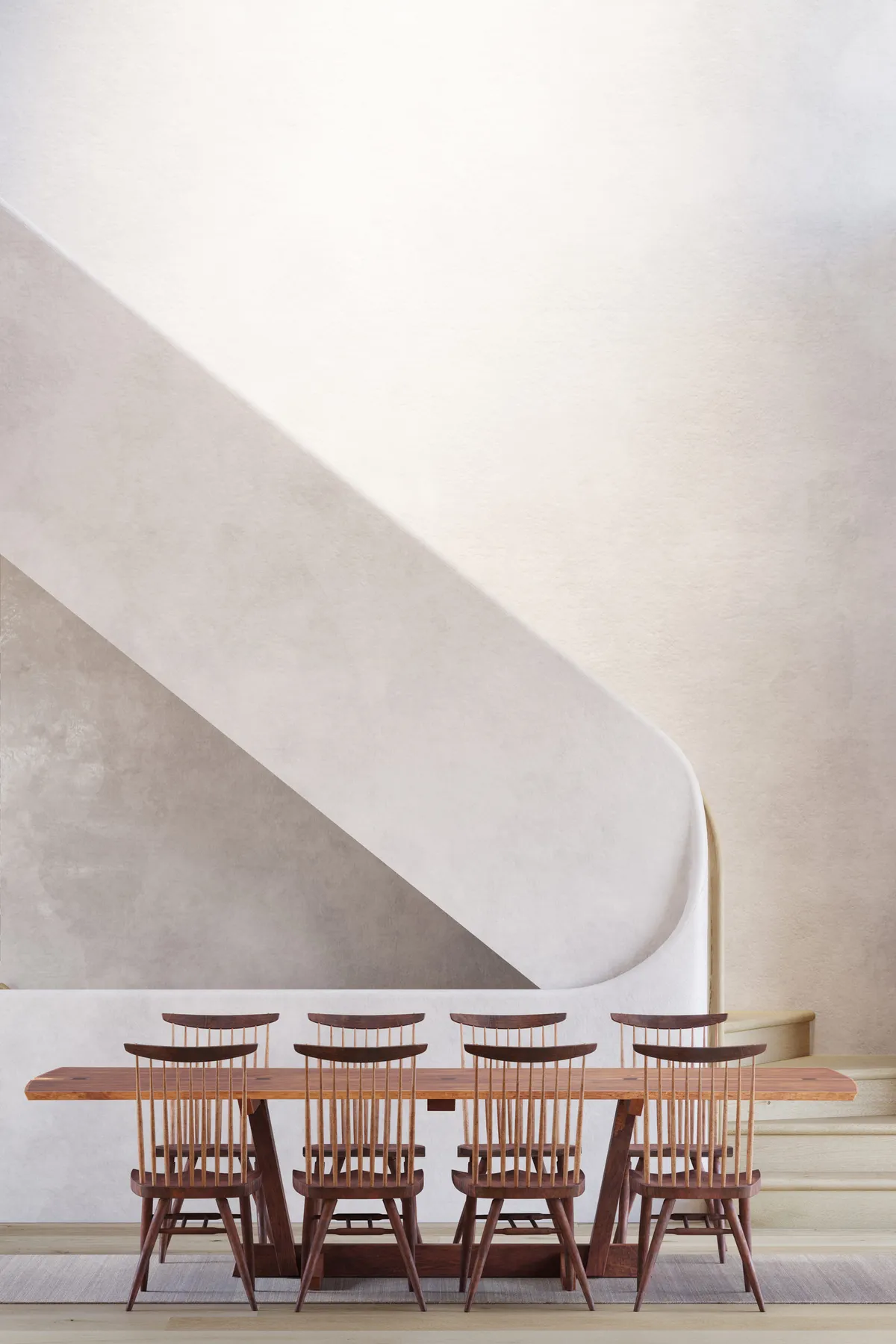 Dining room stair at White Oak Residence, Wellesley, Massachusetts. CGI by Darcstudio for Of Possible.