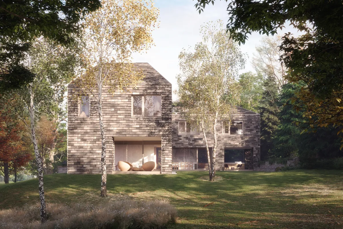 Exterior garden at White Oak Residence, Wellesley, Massachusetts. CGI by Darcstudio for Of Possible.