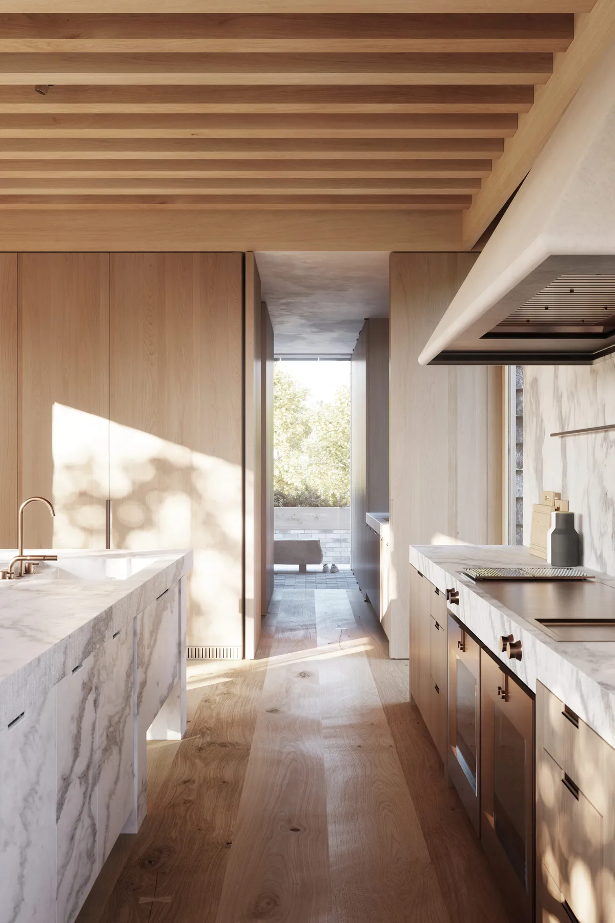 Kitchen galley at White Oak Residence, Wellesley, Massachusetts. CGI by Darcstudio for Of Possible.