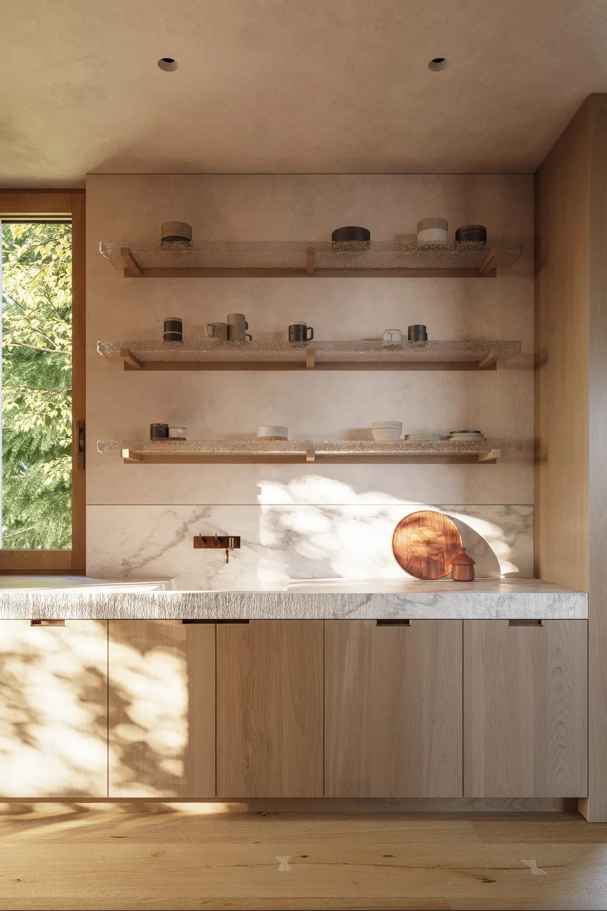 Kitchen shelving detail at White Oak Residence, Wellesley, Massachusetts. CGI by Darcstudio for Of Possible.