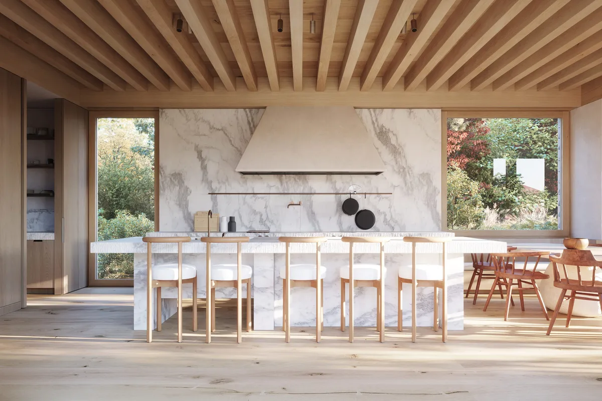 Kitchen at White Oak Residence, Wellesley, Massachusetts. CGI by Darcstudio for Of Possible.
