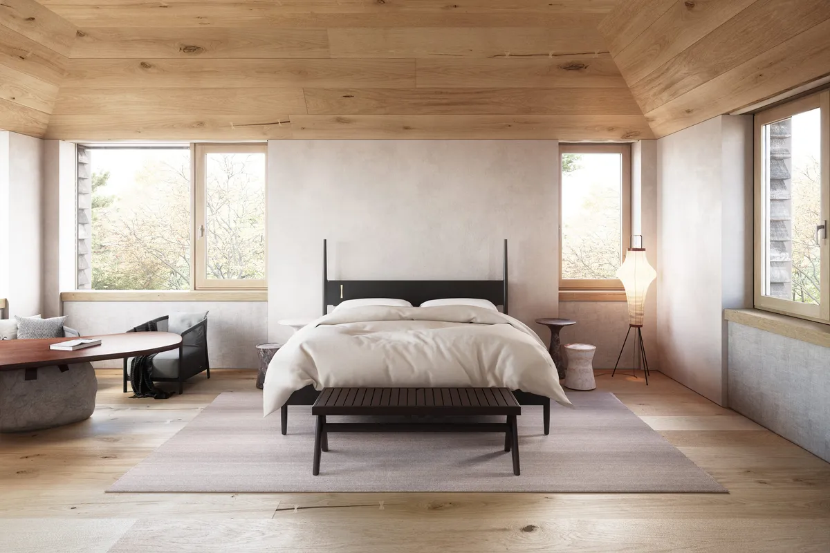 Primary bedroom at White Oak Residence, Wellesley, Massachusetts. CGI by Darcstudio for Of Possible.